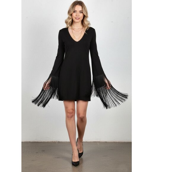 Stella McCartney Black Mini Dress with Fringe Sleeves, Womens Size 42 EU / US 10 - Picture 1 of 7